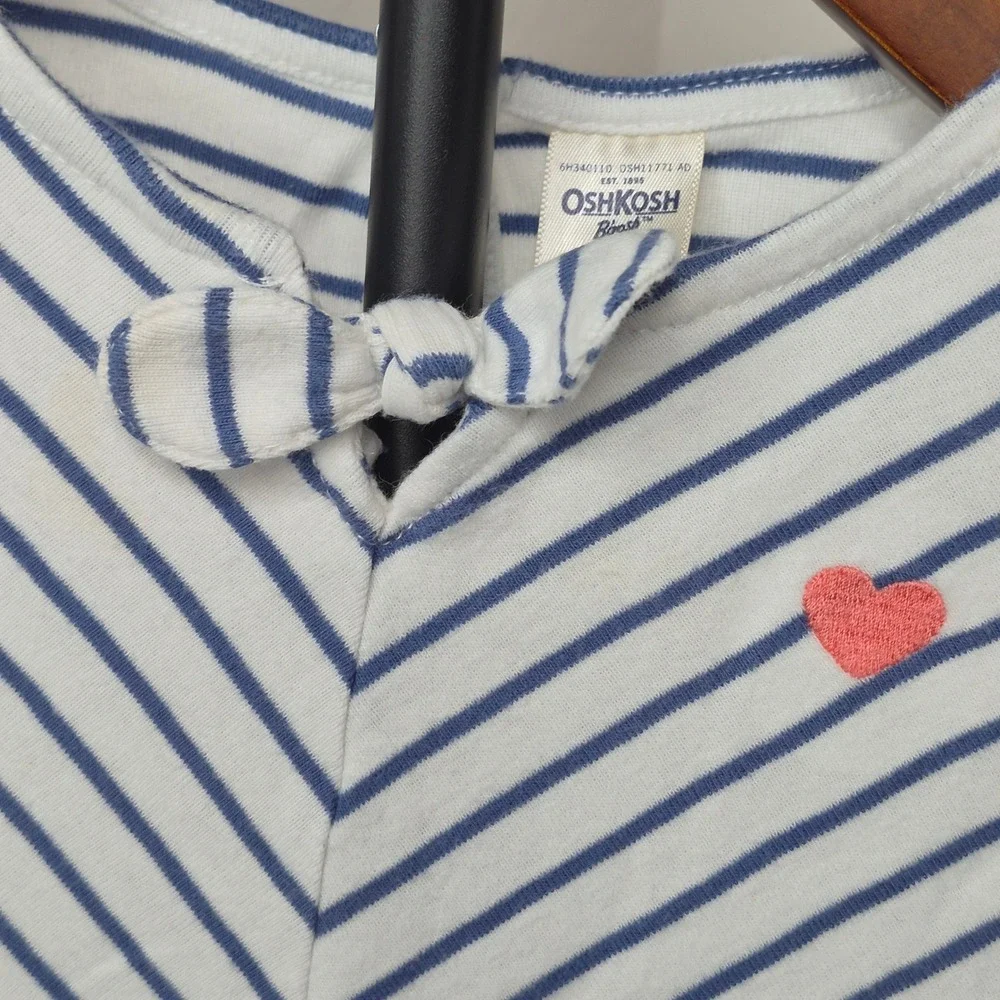 OshKosh Bgosh Girls 4T Navy Blue White Striped Heart Bow Long Sleeve Top Shirt